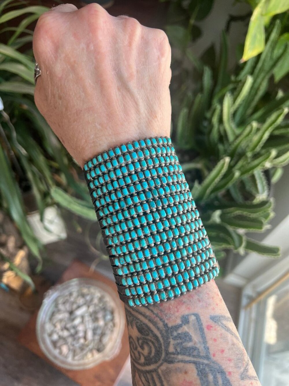 Handcrafted Stunning Old Pawn 15 Row Sterling Silver & Turquoise Gauntlet Style